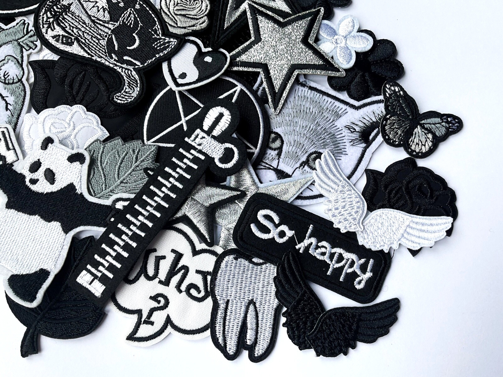 Black and White Patch Iron On, Silver Grey Patches, Sew on Angel Wings