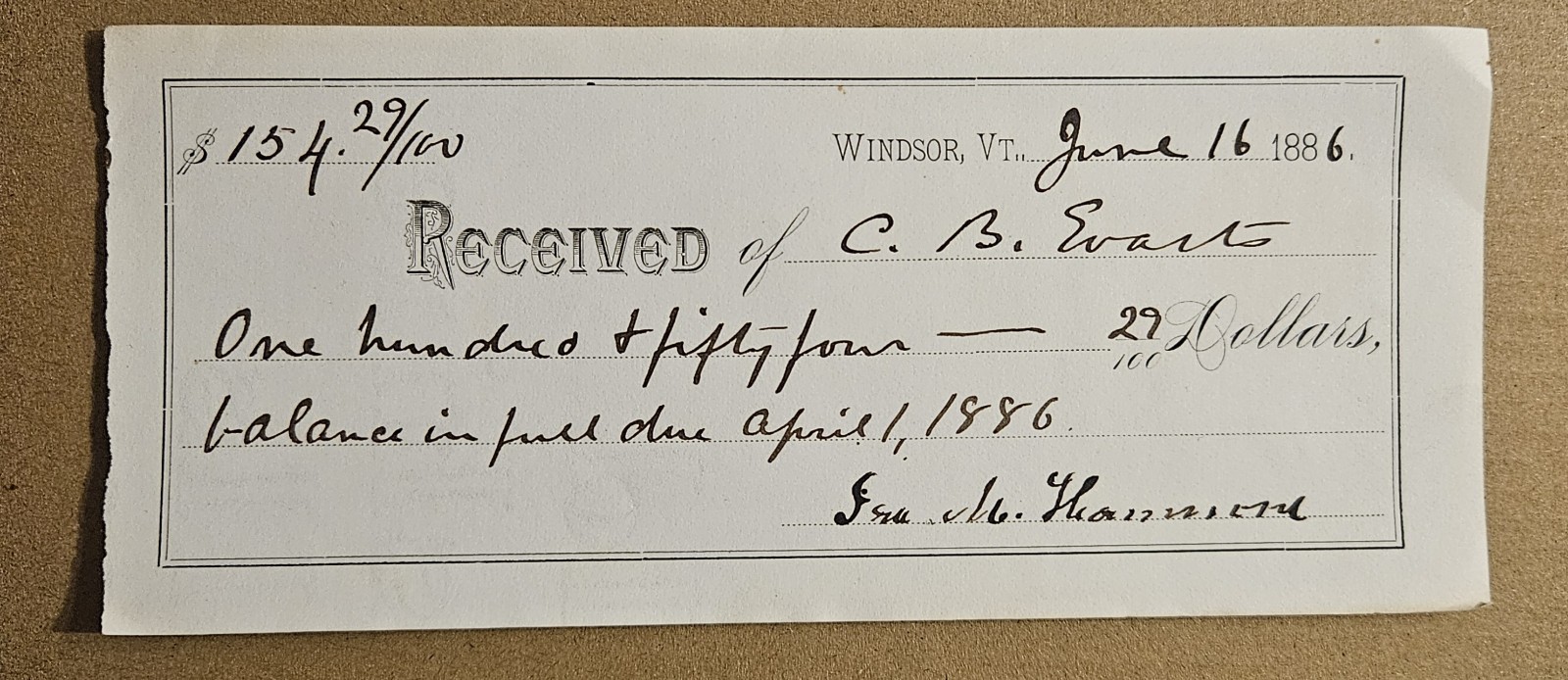 Antique Windsor Vermont Payment Receipt Dated June 16th 1886 Vintage