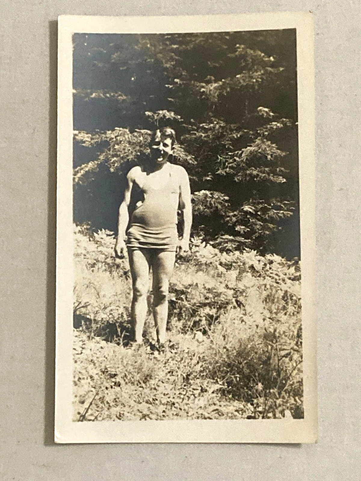 Vtg B&W Snapshot Happy Man w/ Big Belly in One Piece Swimsuit 1930’s