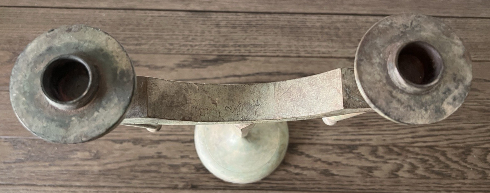 Vintage Brutalist Verdigris Metal Double Taper Candle Holder Candelabra 14″