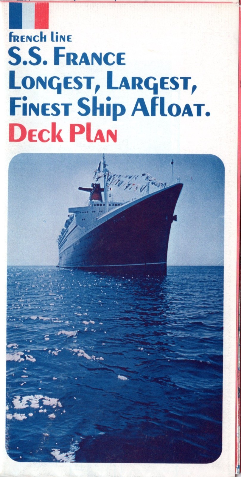 1972 S.S. FRANCE First & Tourist Class Deck Plan – 25″ x 34″ – Interior Photos