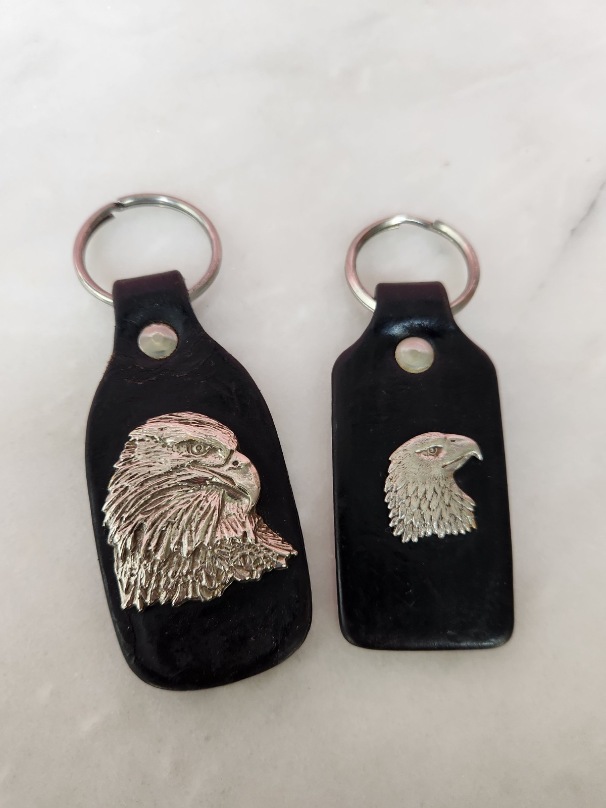 Vintage Leather Bald Eagle Keychain Lot 2 Metal Americana Biker Key Fob
