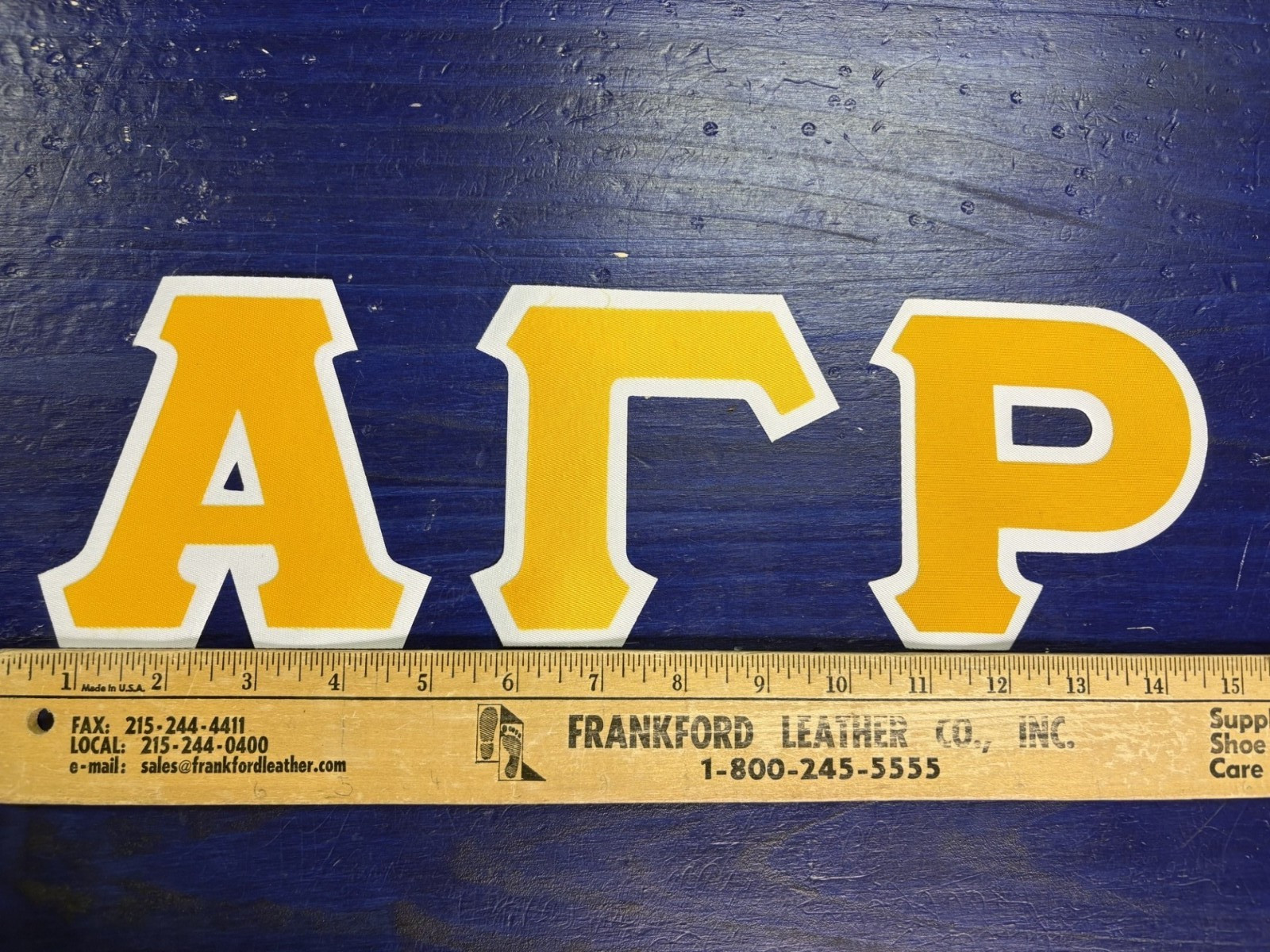 Alpha Gamma Rho 4″ Greek Twill Sew On Letters Gold/White Adhesive Backing