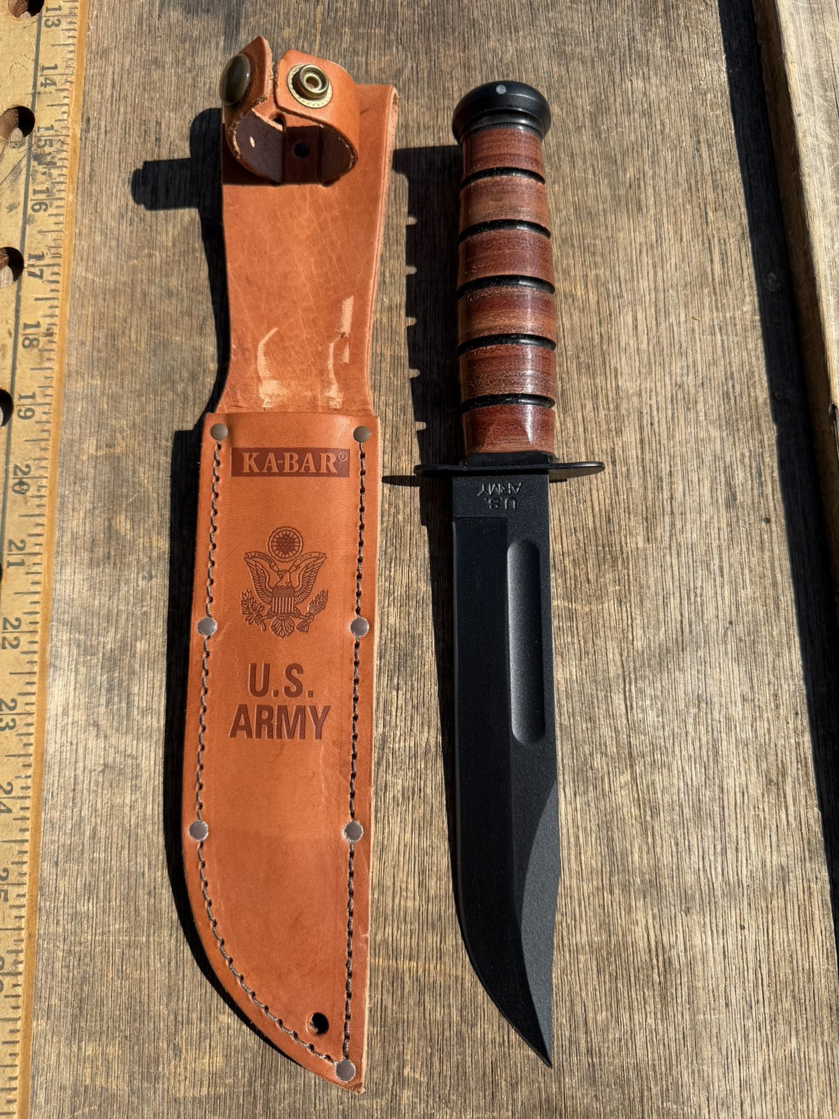 KA-BAR 1220 US Army Fixed Straight Edge Tactical Military Knife W/Leather Sheath