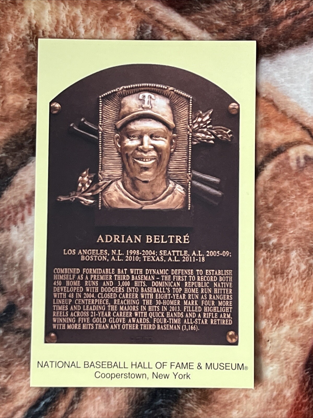 Adrian Beltre Postcard- Baseball Hall of Fame Induction Plaque – Photo 2024