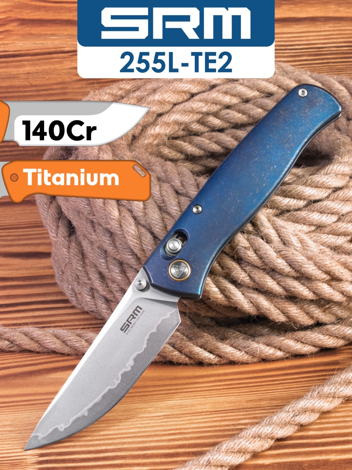 SRM Medal 255L-TE2- Blue Titanium Pocket Knife Laminated 140Cr Ambi Lock New