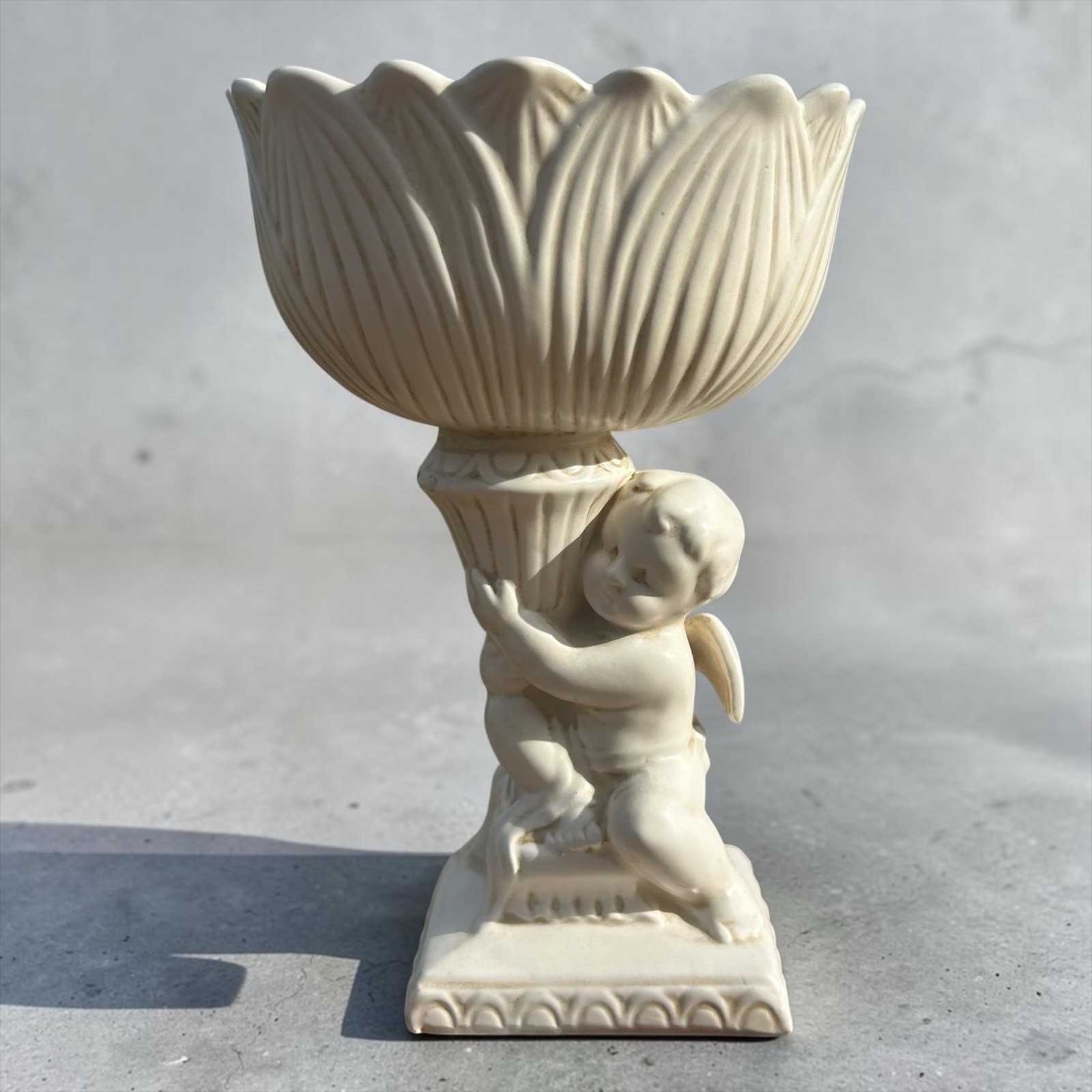 Glazed Vintage Ceramic Angel Pedestal Bowl Candy Or Soap Dish Potpourri Trinket