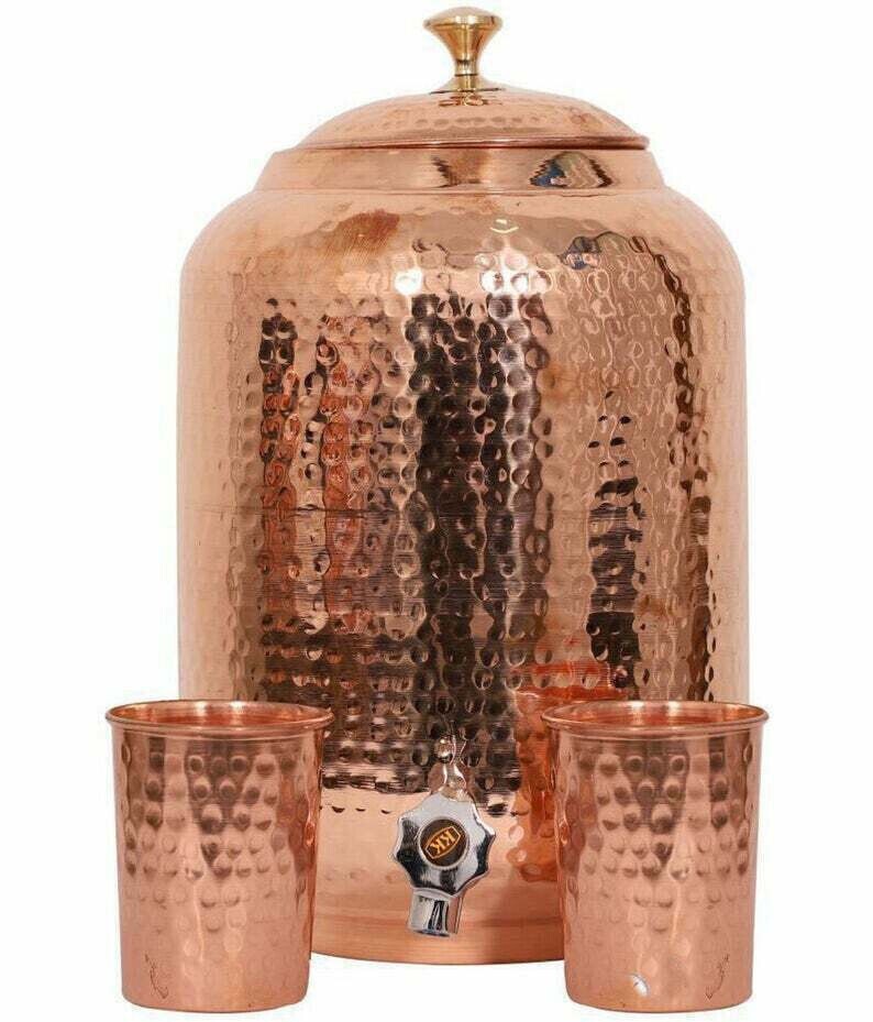 Copper Water Dispenser Matka 4 Litre Hammered Pitchers Pot with 2 Tumbler Glass