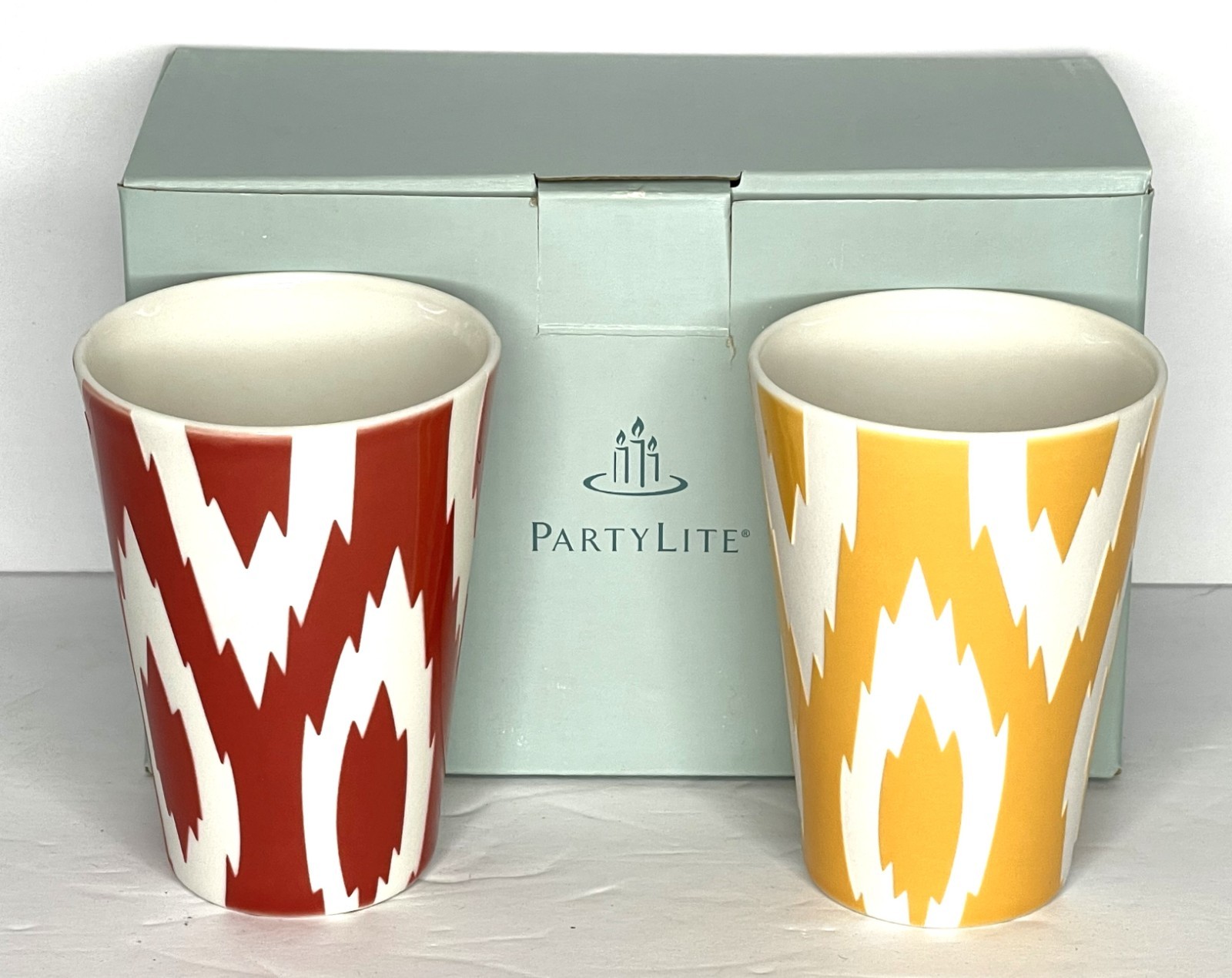 PartyLite Ikat Votive Holder Pair Ceramic Red Yellow Tribal Chevron Cup Set P902