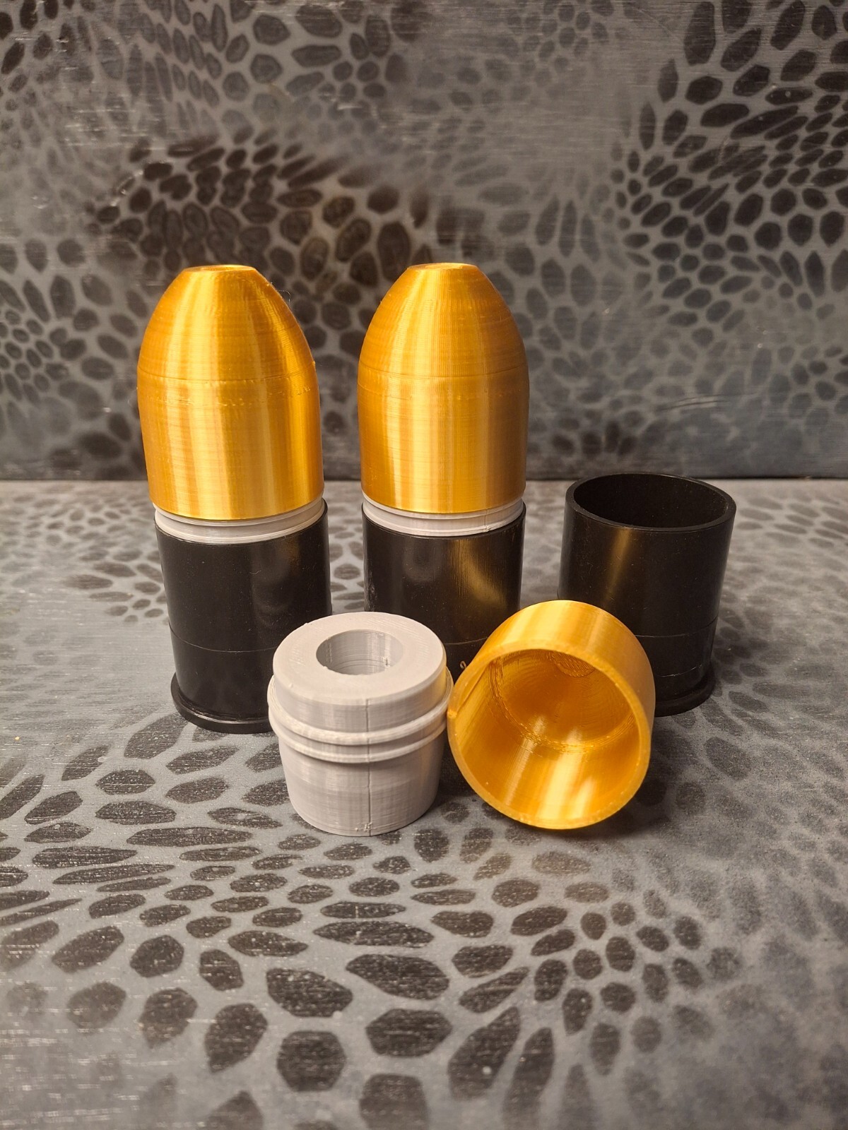 37mm payload chalk projectile complete kit. Gold and black. 3-pack
