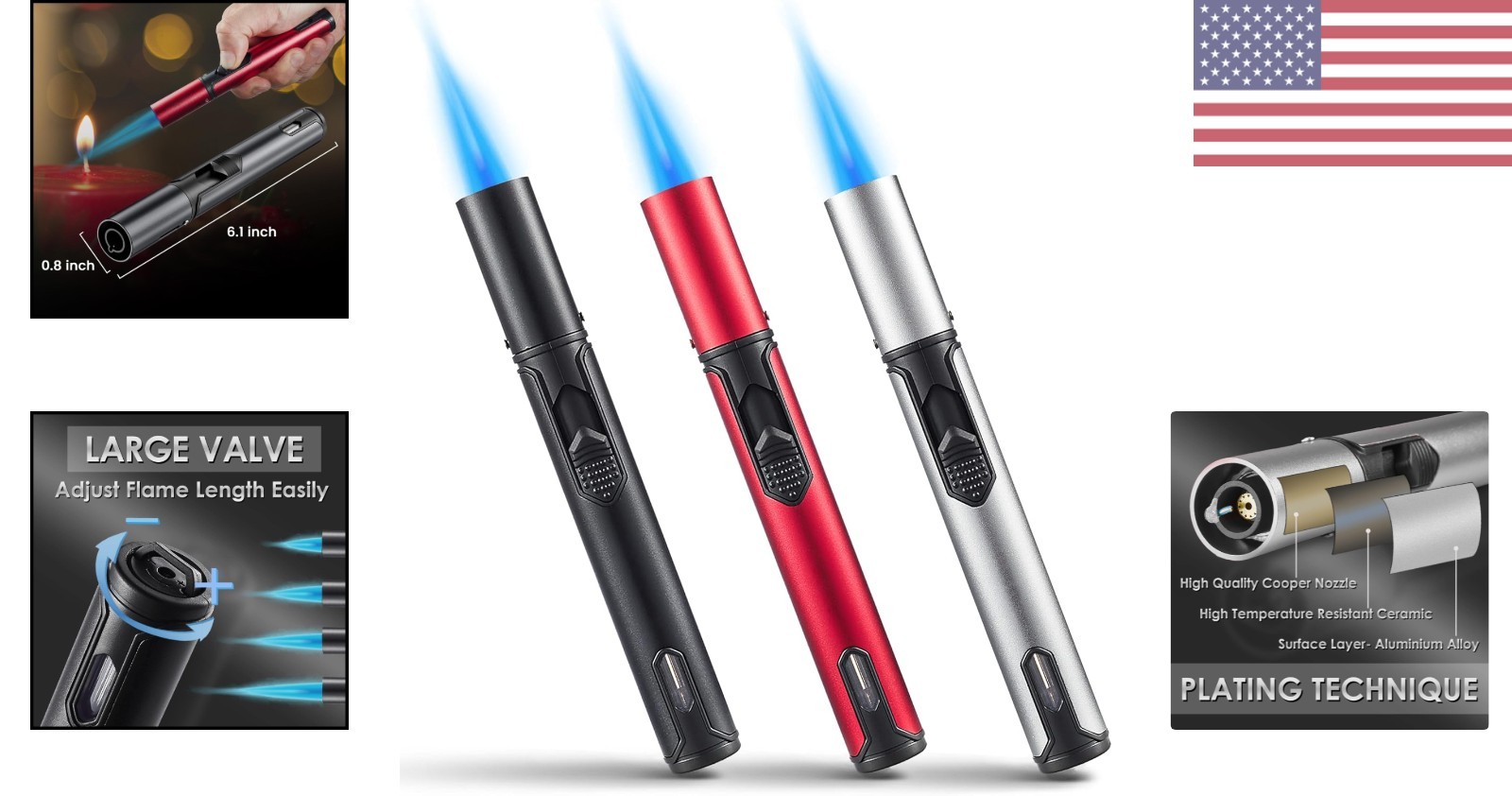 3 Pack Butane Torch Lighters, 6-Inch Refillable Pen Lighter Adjustable Jet Flame
