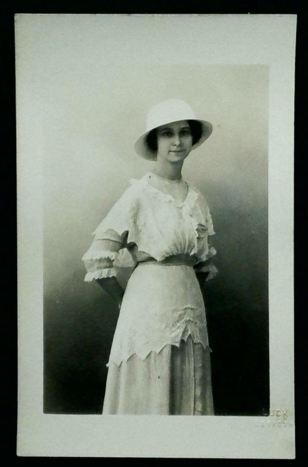Vintage Real Photo Postcard Woman in White Dress & Hat AZO 1900-1919