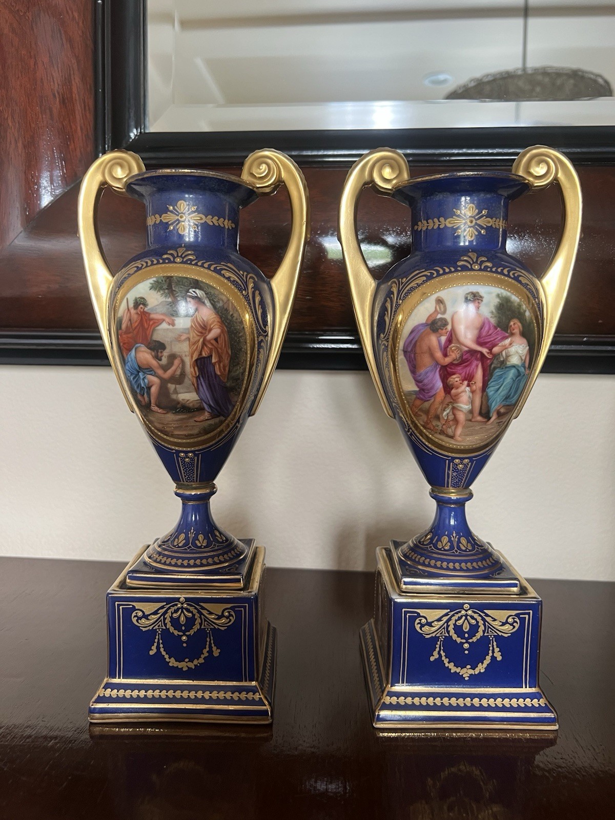 Austrian Royal Vienna Style Porcelain Vase & Base Cobalt & Gold Hand Painted