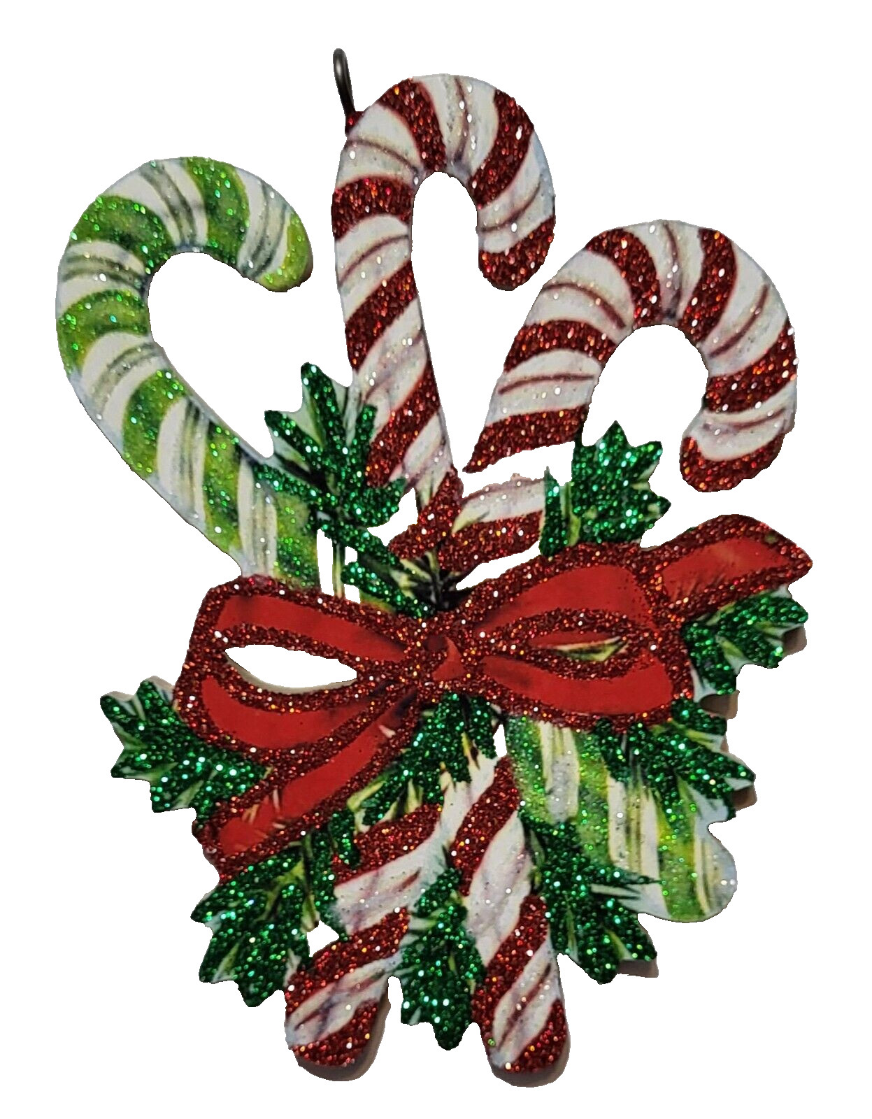 CANDY CANE TRIO w/ RED BOW & PINE * Glitter CHRISTMAS ORNAMENT * Vtg Img