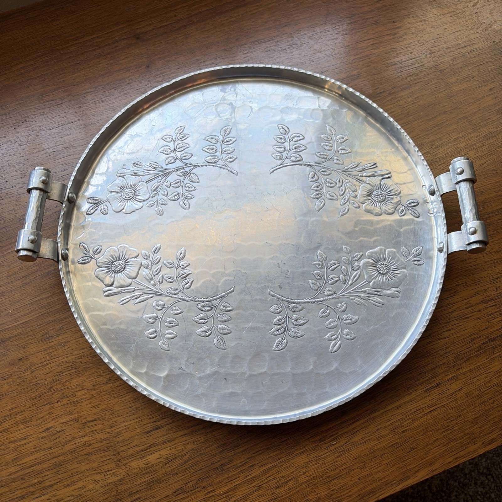 Vintage Trade Continental Hand Wrought 12”Floral Aluminum Handled Tray 753 Round