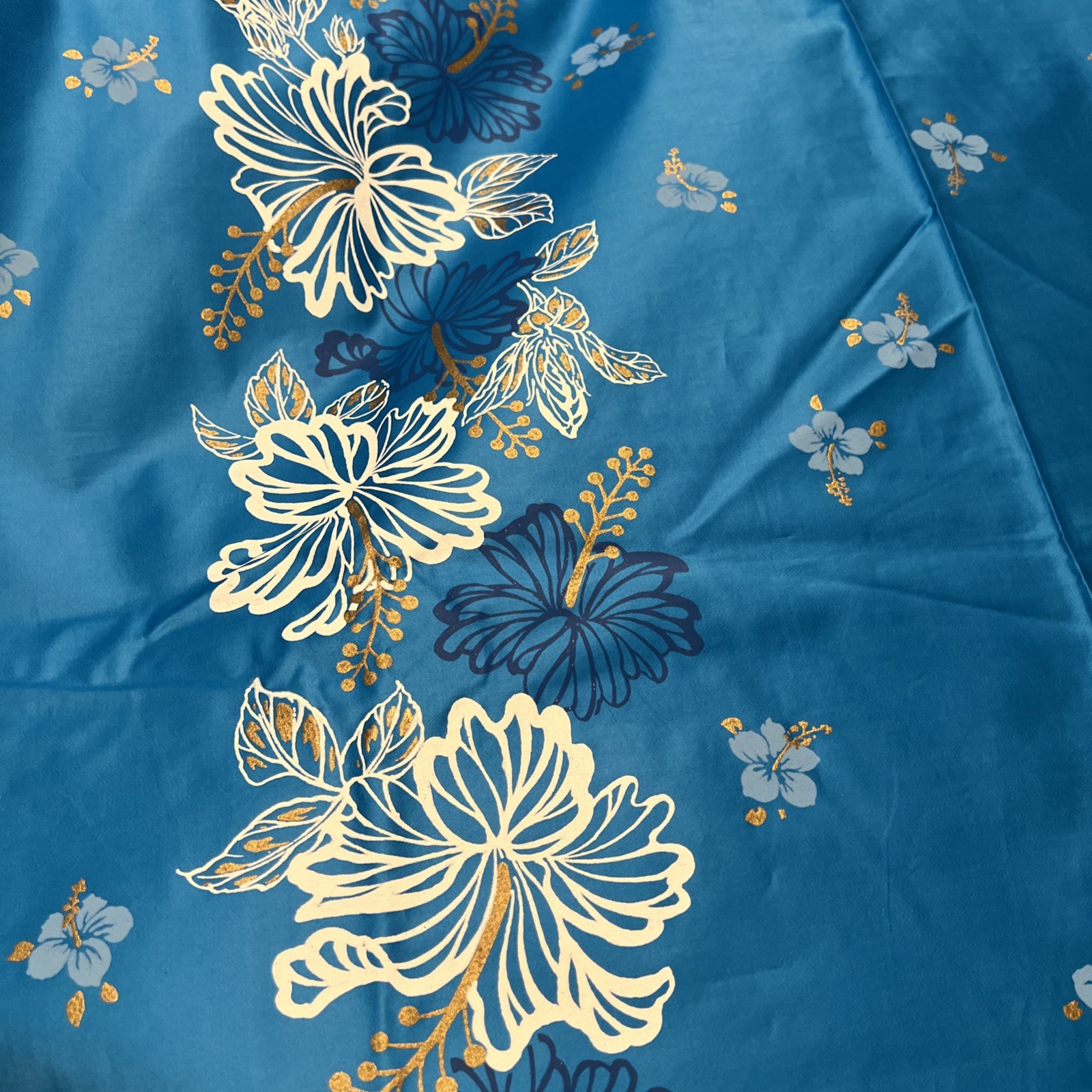 Vintage Hawaiian Fabric Hand-Painted Metallic Gold White Blue Flowers ~ 3+ yds.