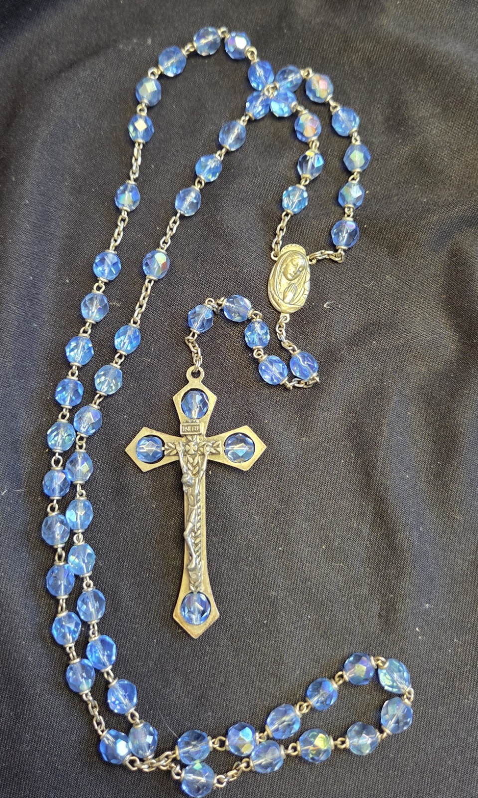 Catholic Town Rosary blue glass pearl beads Enamel Crucifix and Miraculous medal