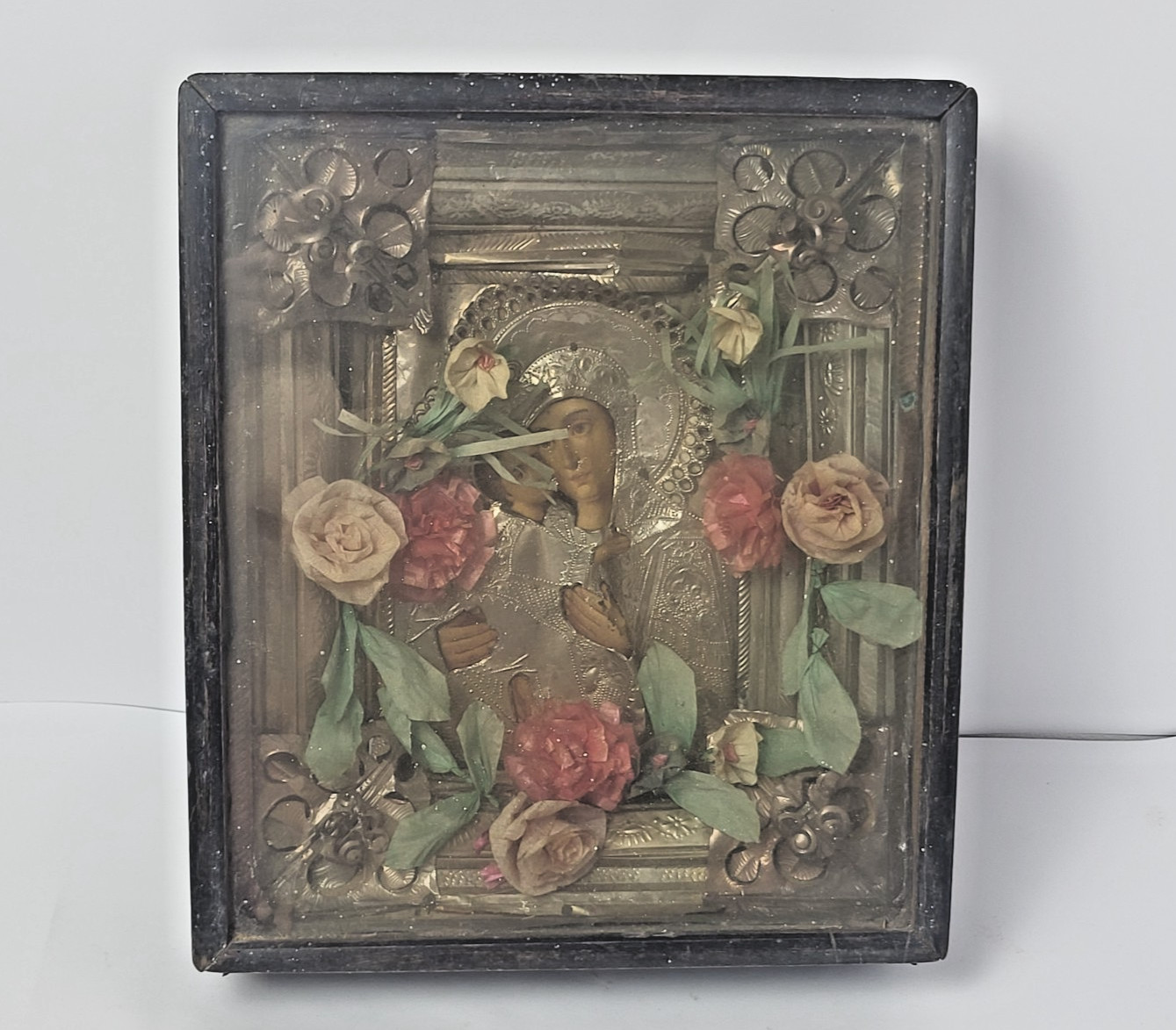 Vintage Icon Mother God Jesus wooden Kiot Ukraine Handmade Religion Rare 2