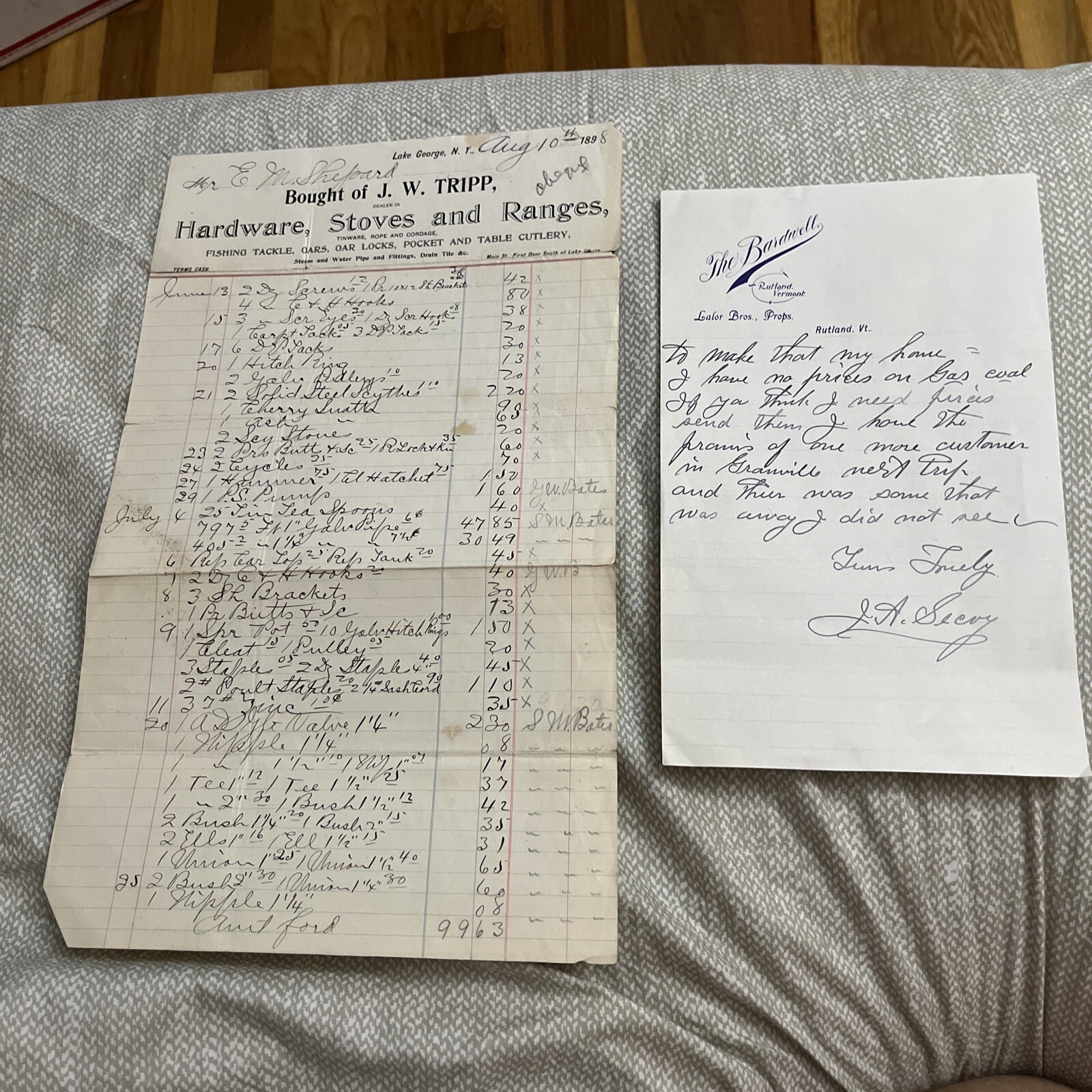 Antique Letter The Bardwell House Rutland Vermont VT + 1898 Stove Range Invoice