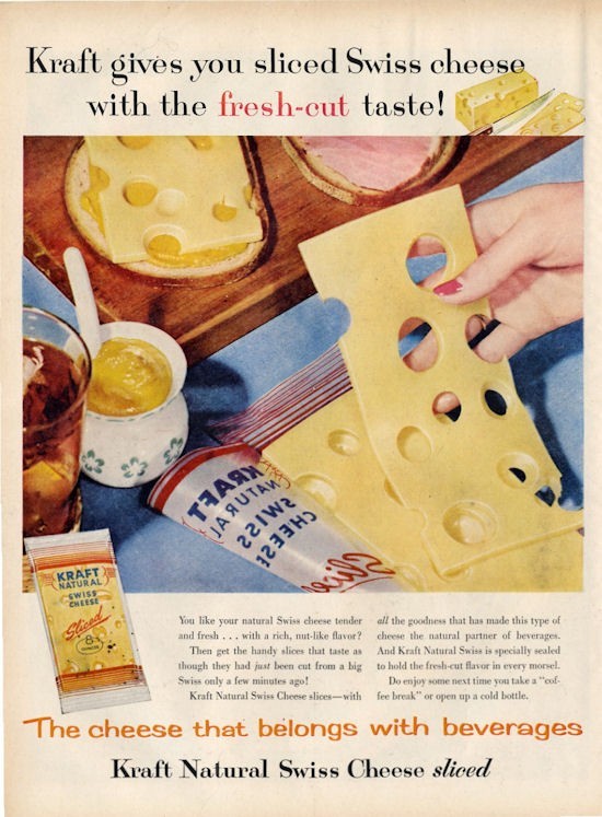 1957 Kraft PRINT AD Natural Swiss Cheese The Fresh Cut Taste Great Kitchen Deco