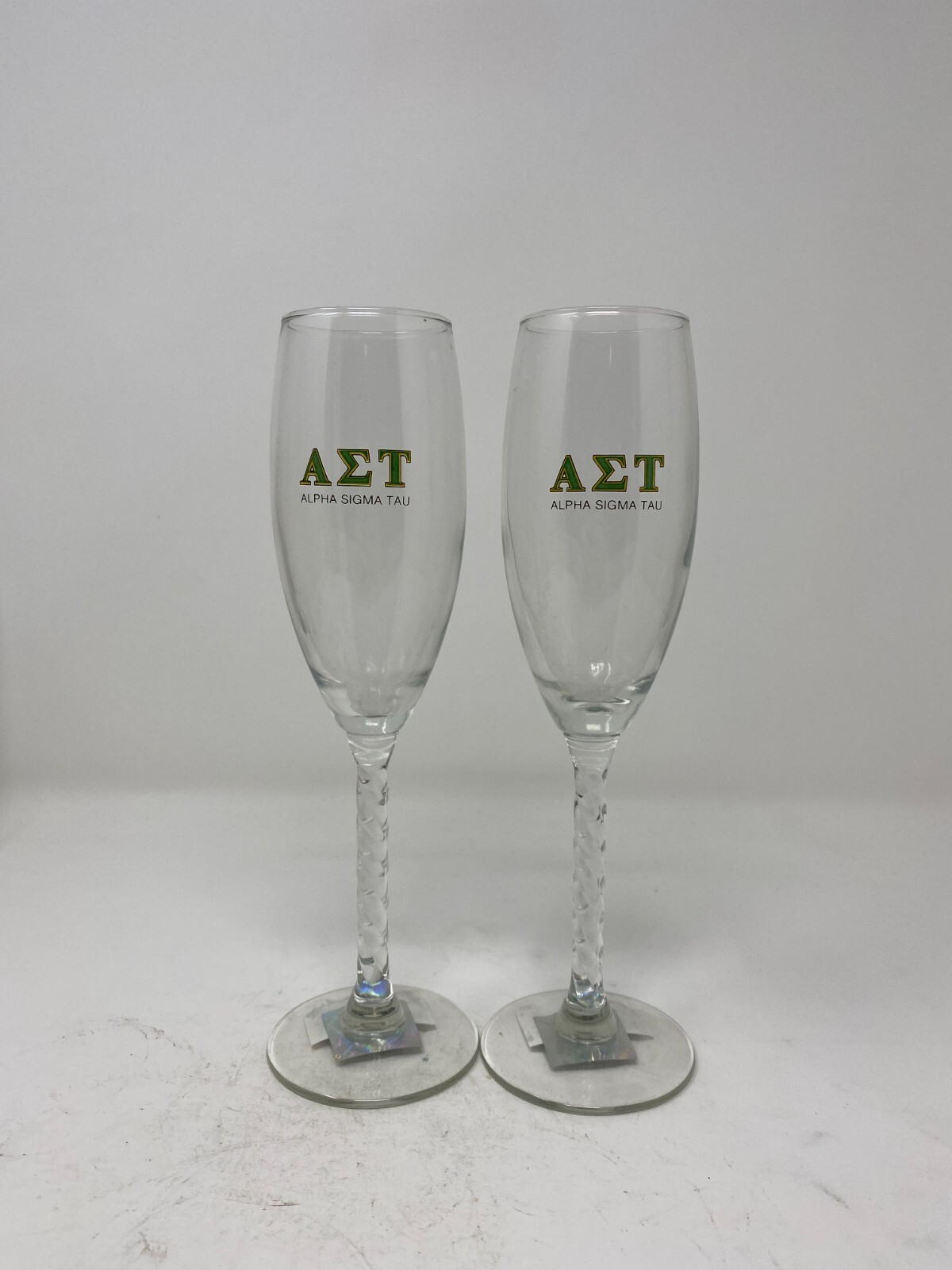 Set of 2 Alpha Sigma Tau 6 oz Twisted Wine Flutes NEW, LICENSED, FREE SHIP