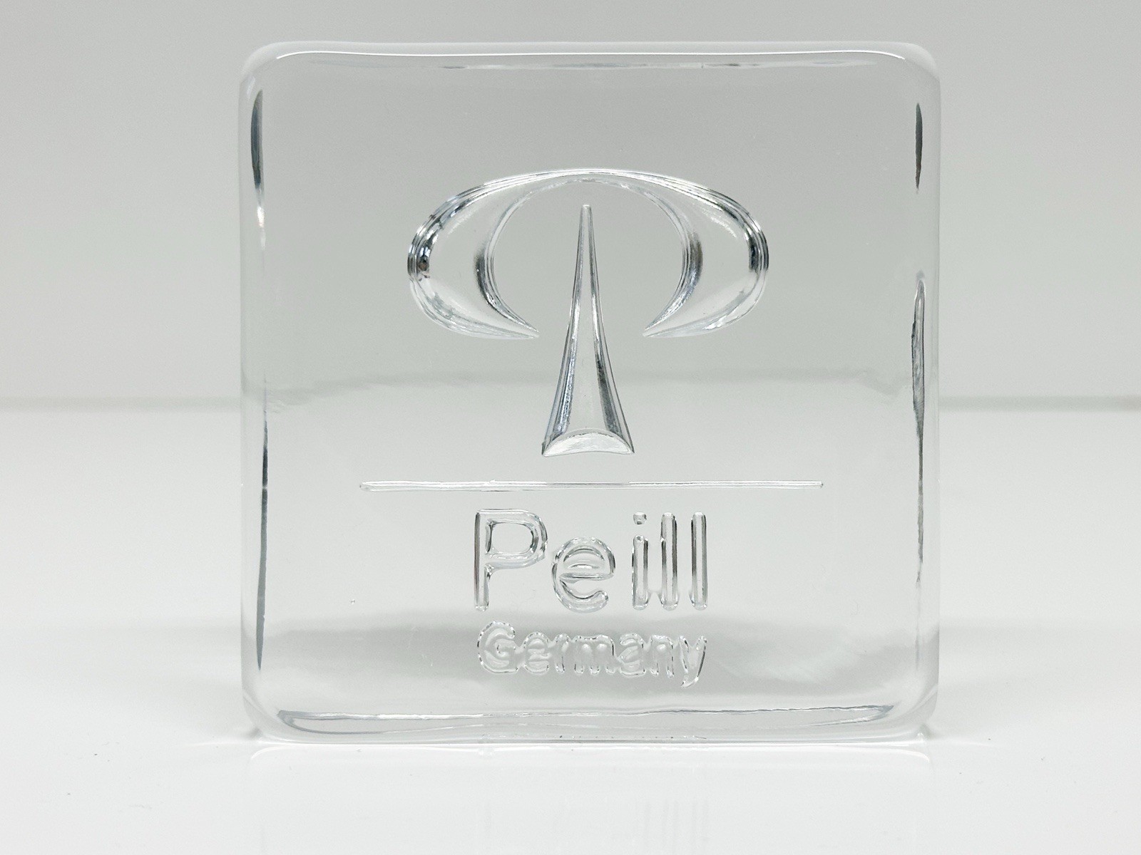 Vintage Peill Putzler Solid Crystal Etched Advertising Paperweight Employee