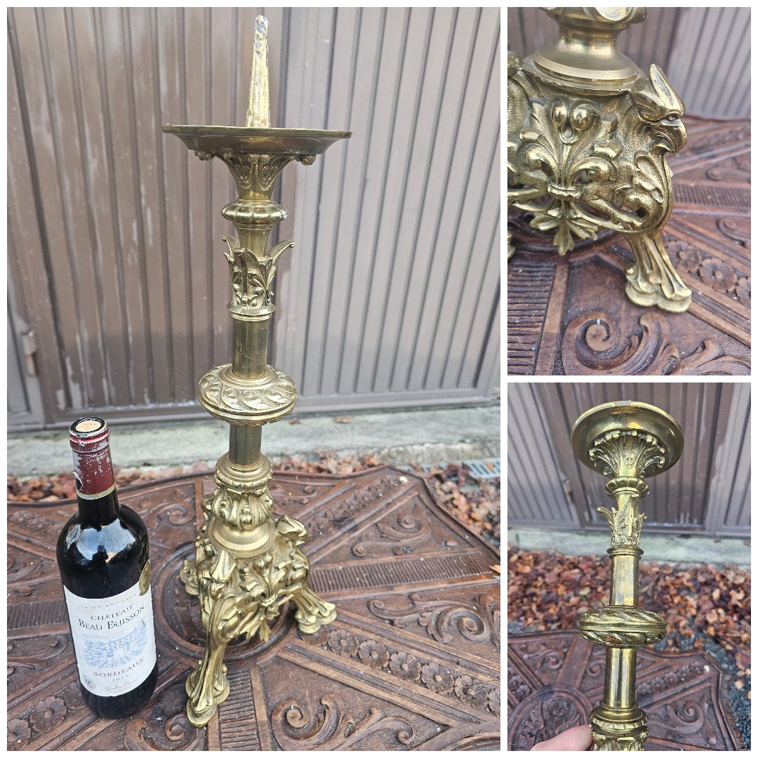 Antique bronze Griffon birds tripod church candlestick candle holder