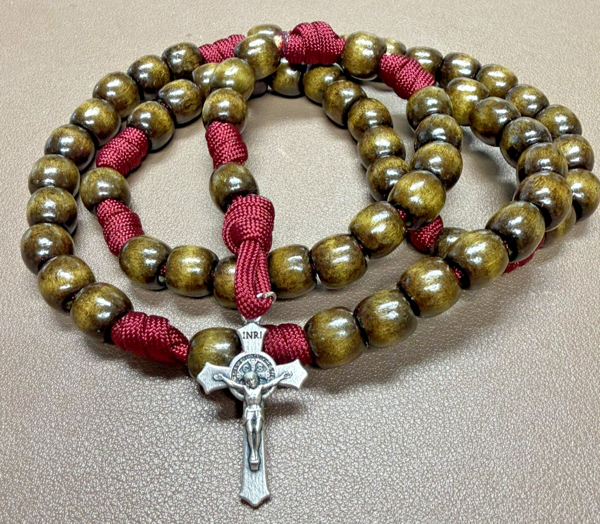 Handmade 550 Paracord Rosary Wood Beads St. Benedict Crucifix Catholic Prayer