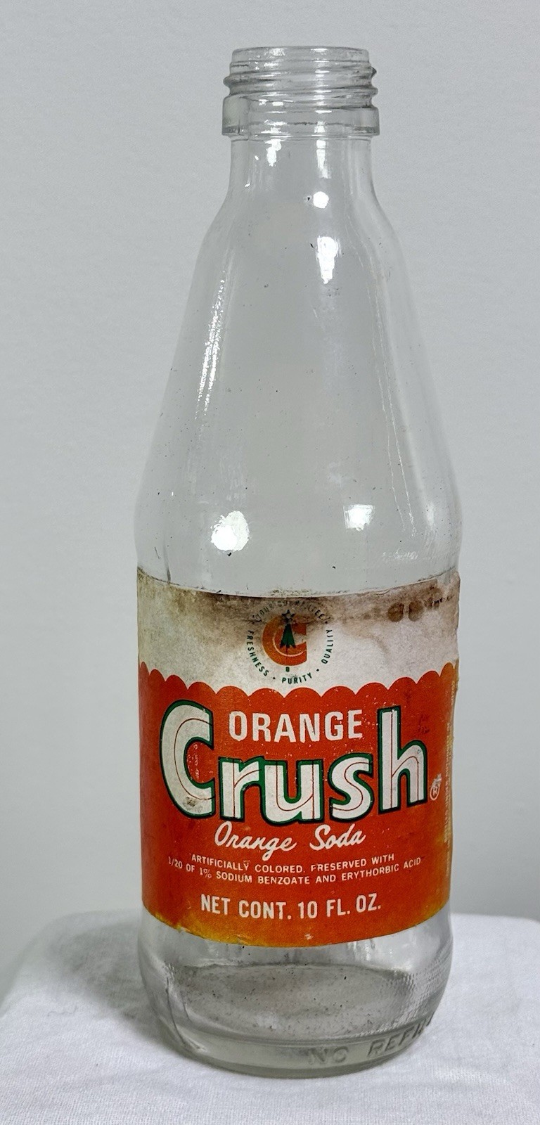 ORANGE CRUSH 10 Oz Soda Bottle w Paper Label Evanston IL 1960s-70s
