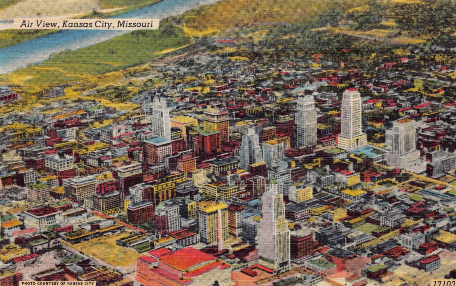 Kansas City Aerial View Downtown Business Sect Missouri River Vtg Postcard CP371