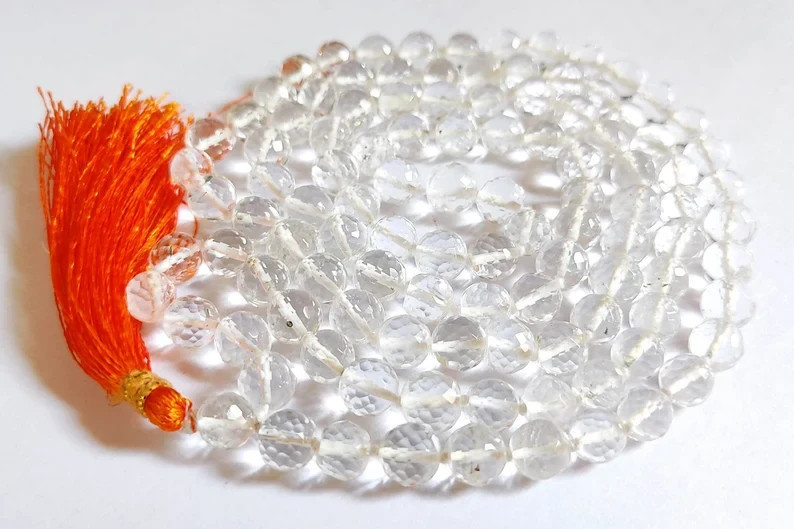 8 mm size Crystal Quartz Japa Mala, Sfatik, Sphatik Faceted Himalayan