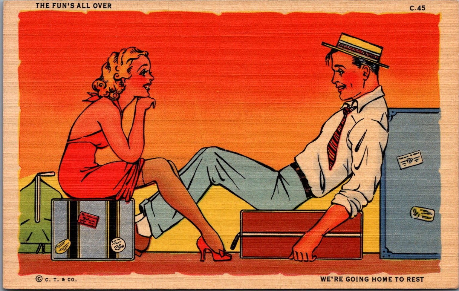 Vintage Linen Postcard “The Fun’s All Over” Curteich Humor Couple Travel 1938
