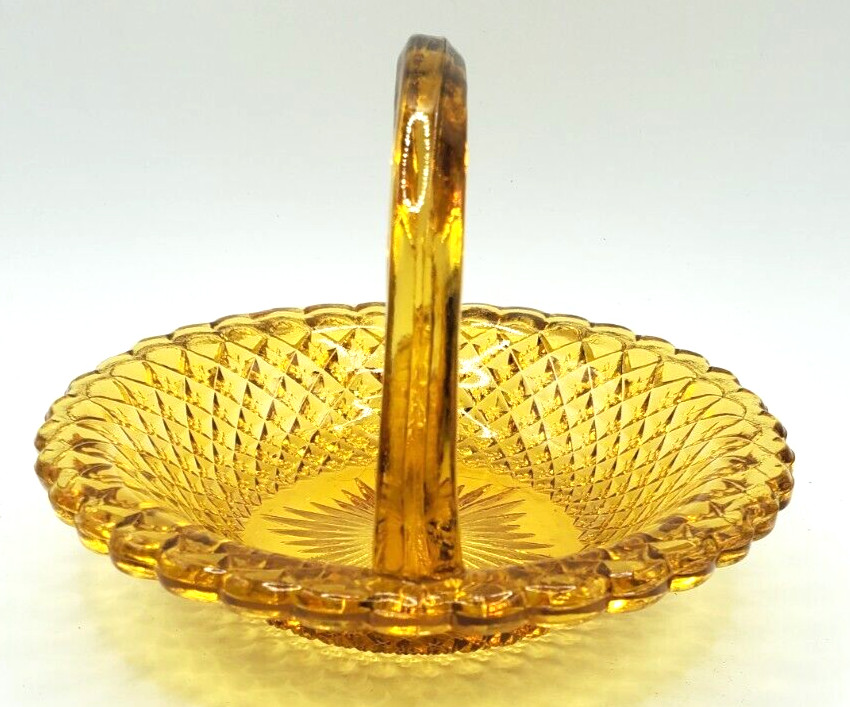 Glass Handled Basket Yellow Diamond Pattern Mid Century