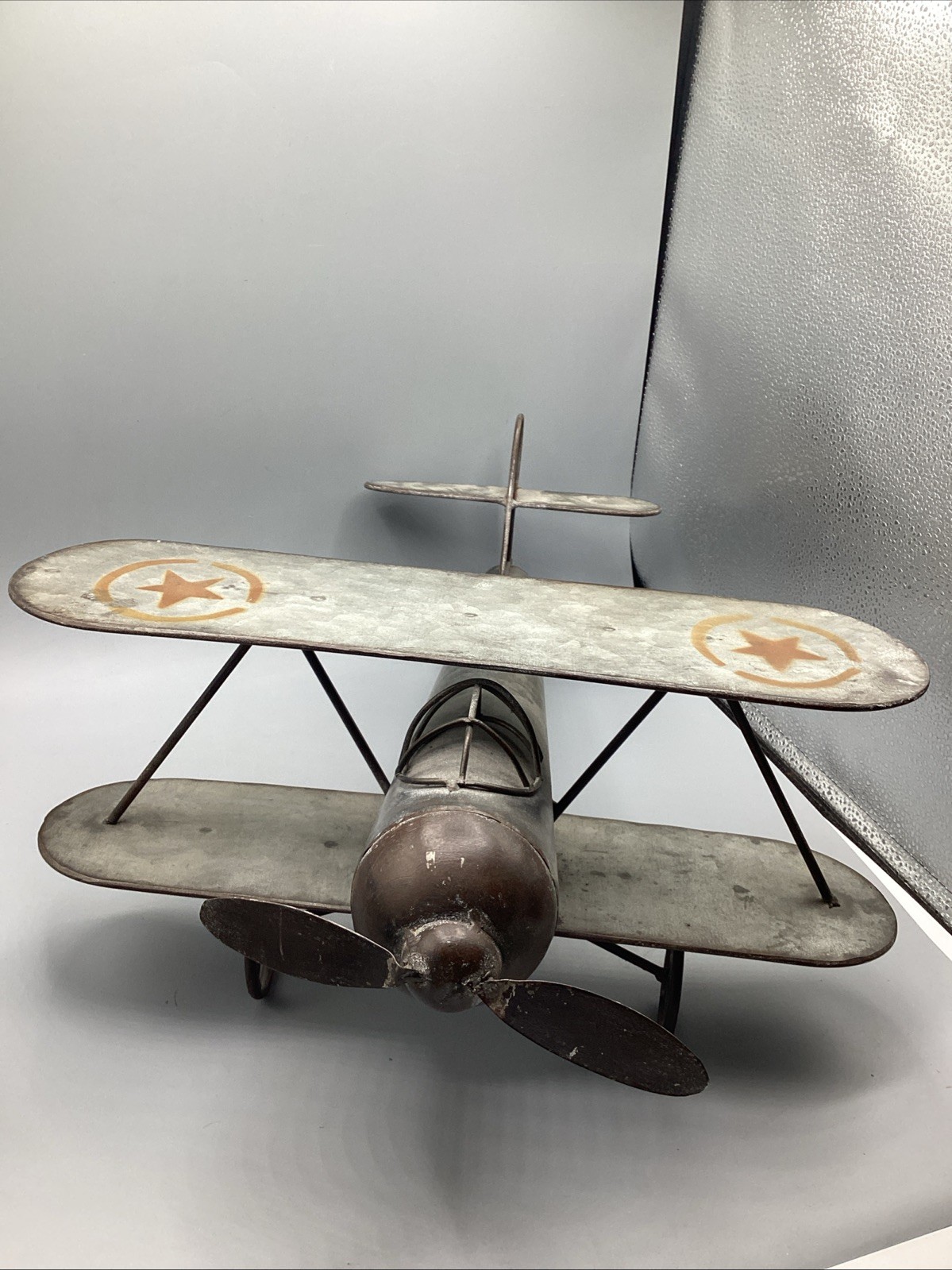 Vintage 19×16” Brushed Metal Art Bi-Plane Decorative Model-Great Display Piece