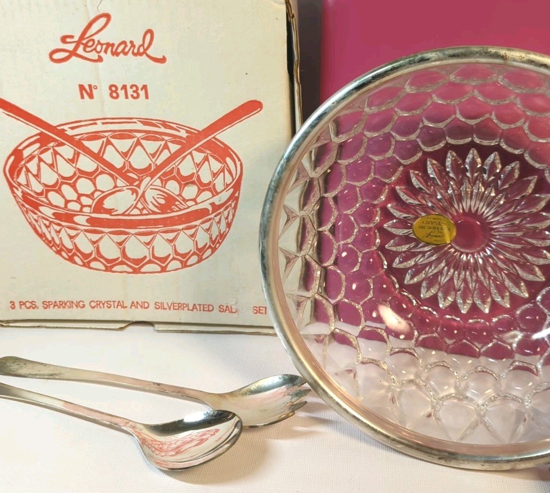 Vtg Crystal Silverplate Rim Salad Bowl Set Fork Spoon MCM Italy Box Leonard 9″