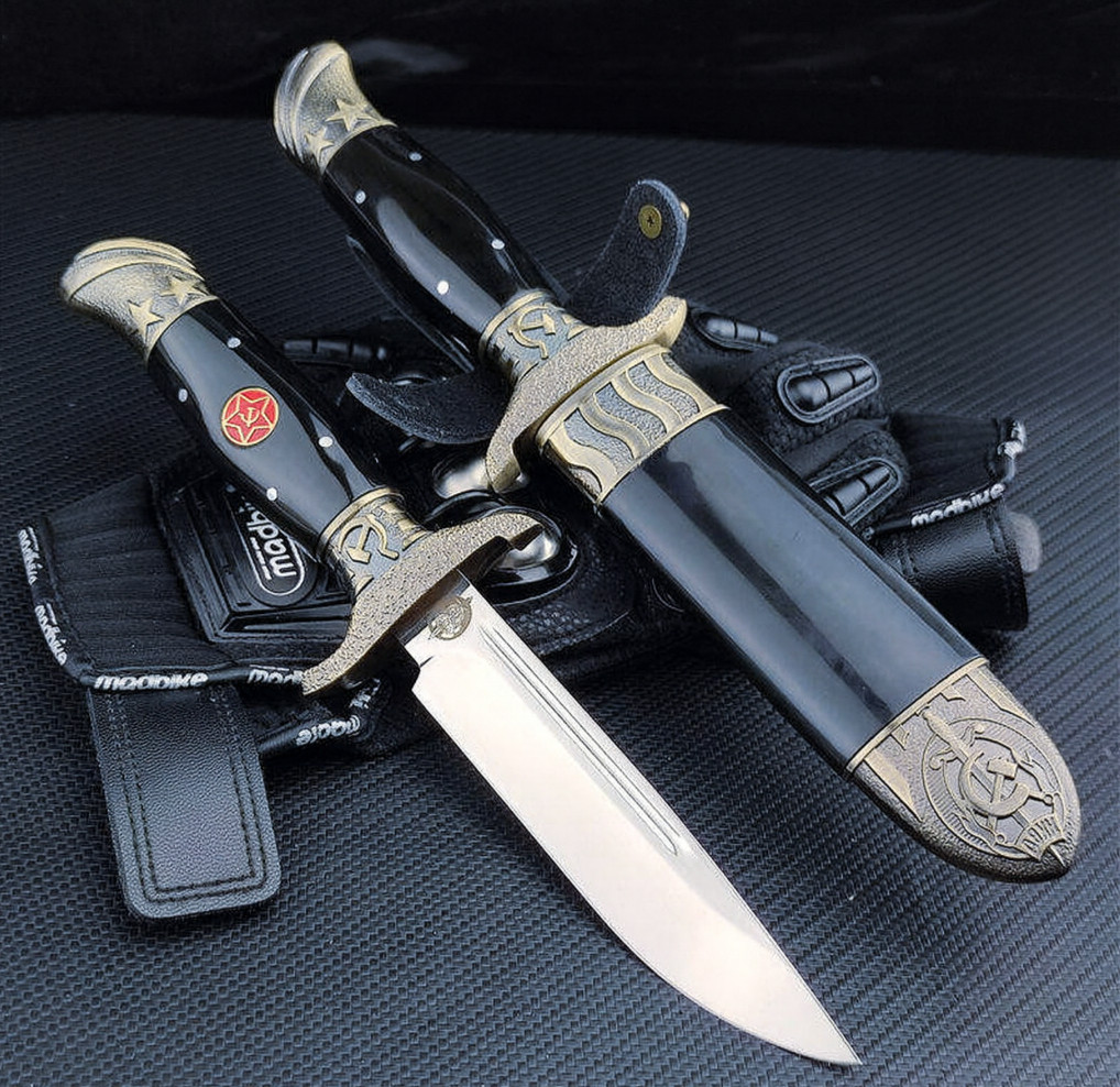 Russian 10″ Finka KGB NKVD Fixed Blade Knife Hunting Outdoor Knife with Sheath