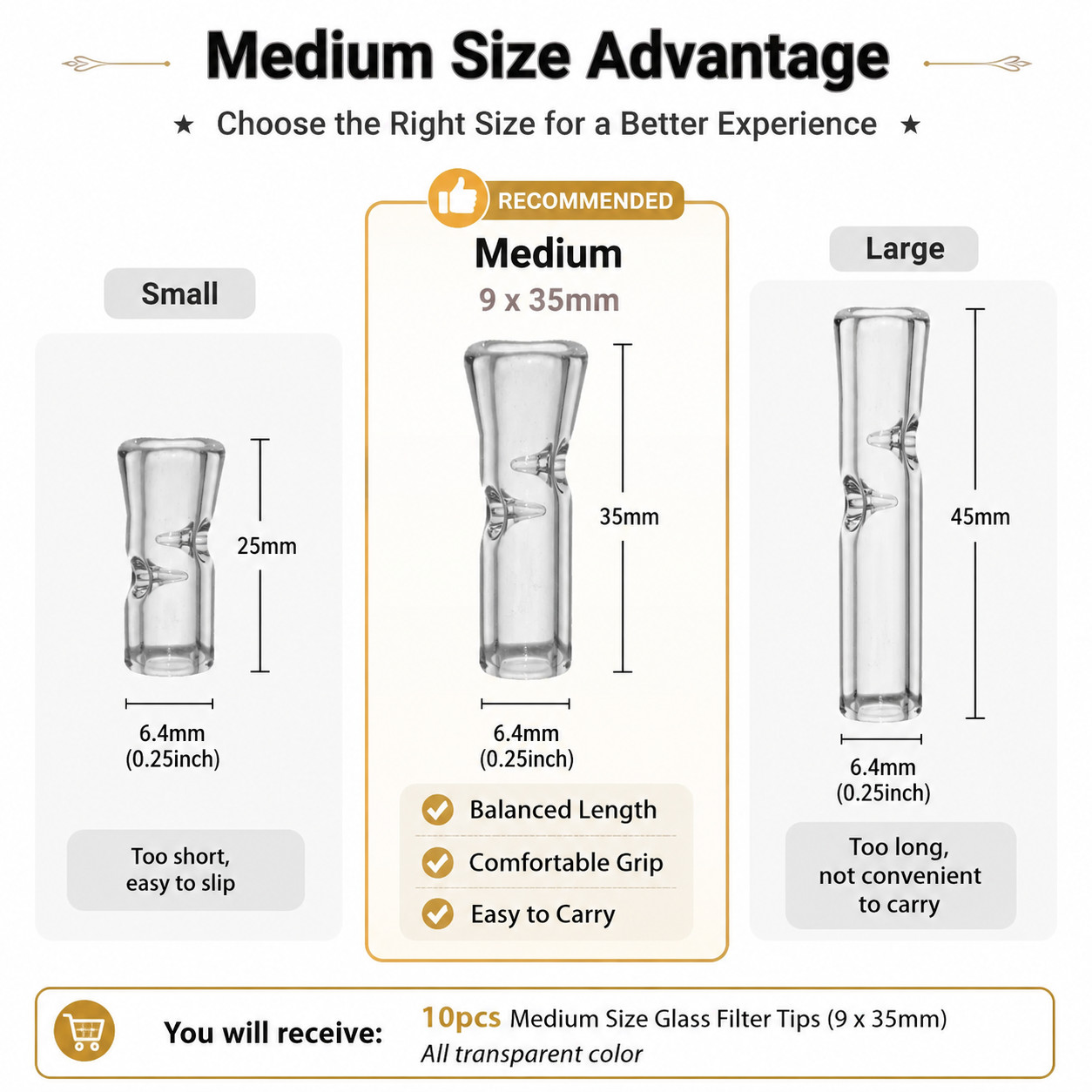 Medium Size Glass Filter Tips for Cigarettes 10PCS Clear Reusable Ø9mm 35mm Set