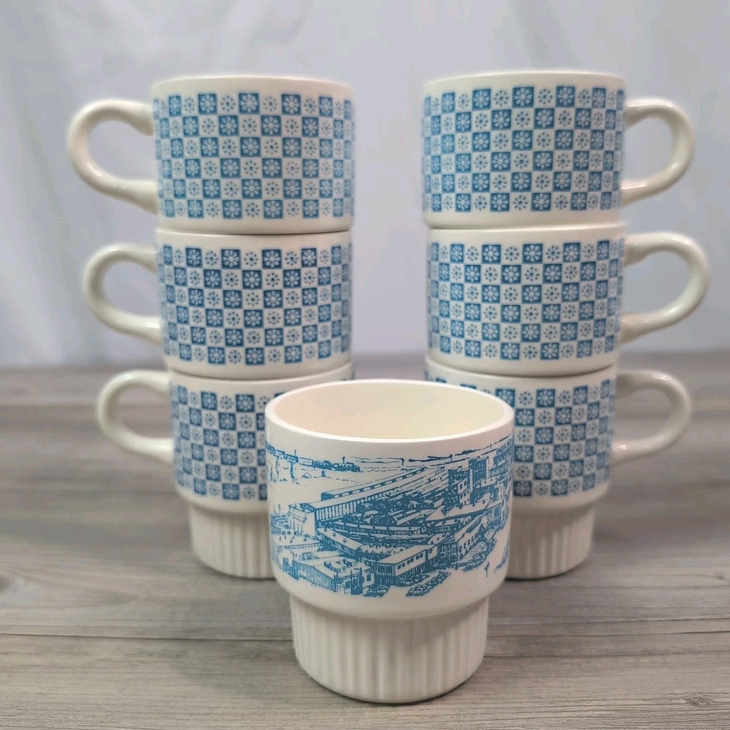 VTG MCM Retro Mug Lot Of 7 Floral Blue White Checked Daisy Ribbed Stackable USA
