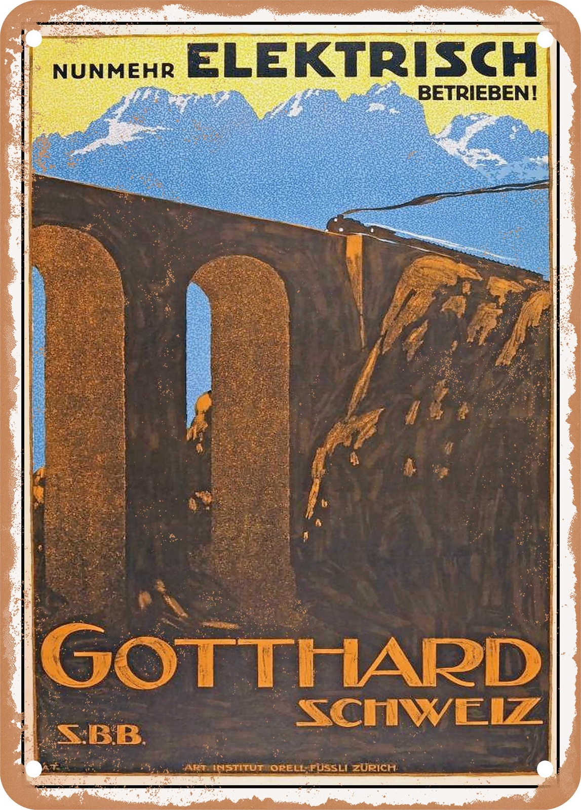 METAL SIGN – 1930 now electrically operated Gotthard, Switzerland Vintage Ad