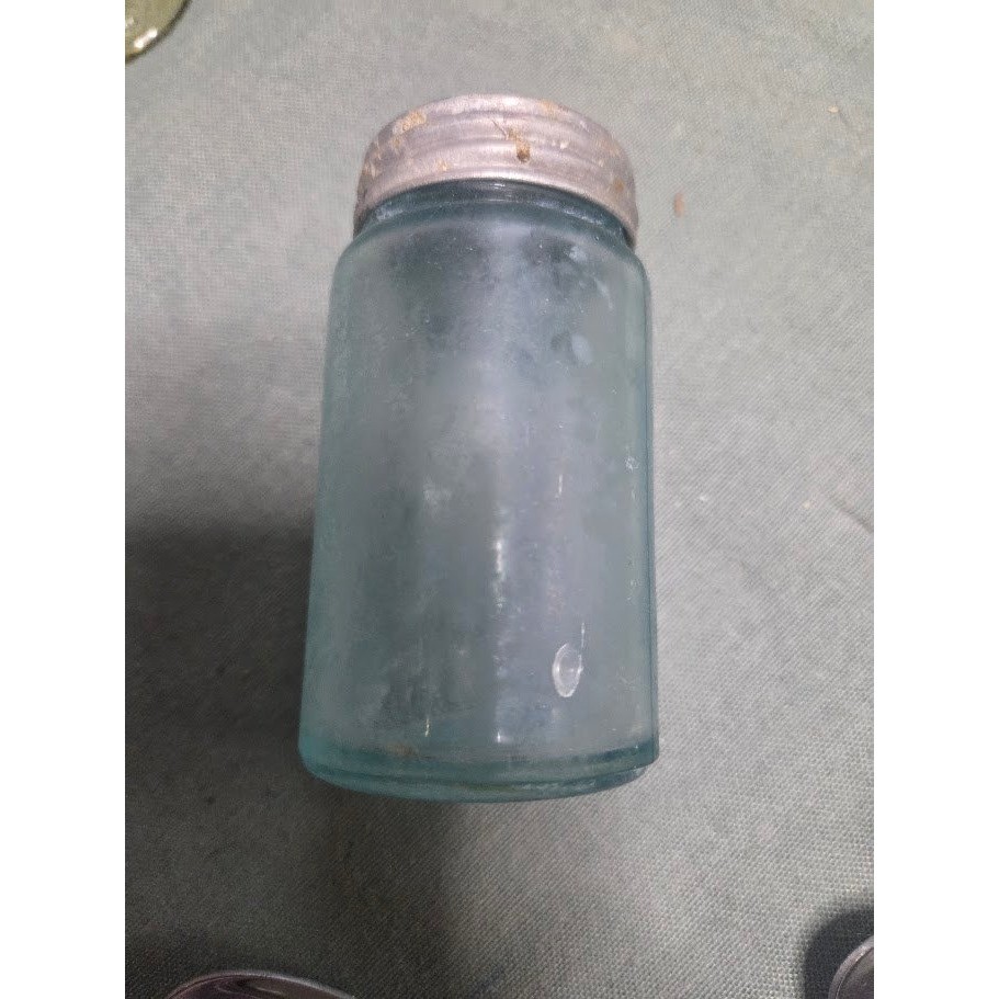 Vintage Aqua Blue Glass Jar with Metal Zinc Screw Lid Small Apothecary Bottle