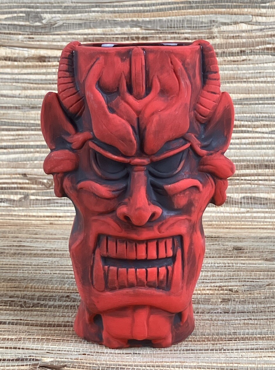 Red Demon Devil Tiki Mug Ceramic Cup 6.25″ Tall Red Glaze 16 Oz New