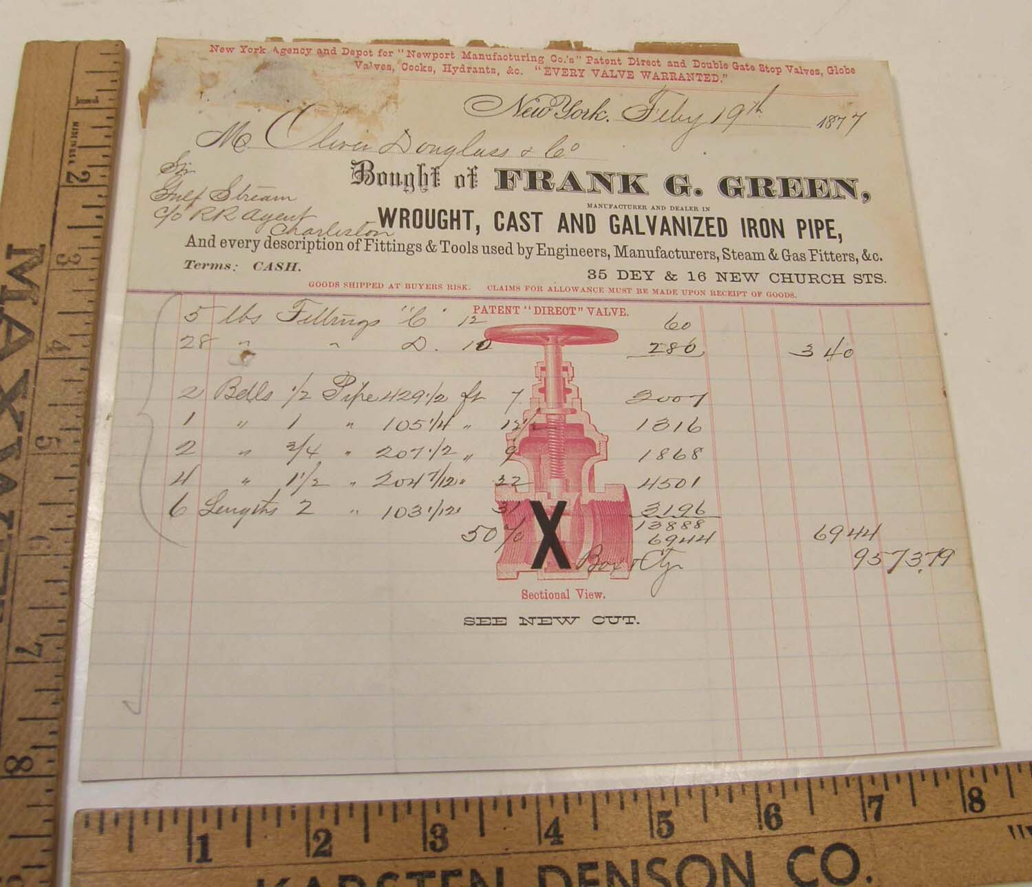 ANTIQUE 1877 BILLHEAD FRANK GREEN MFR CAST IRON PIPE VALVES HYDRANTS STEAM & GAS