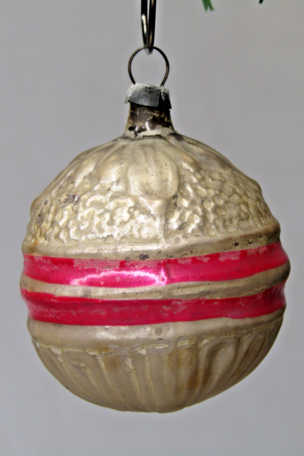 Vintage Antique Glass LEAF Embossed Ribbed BALL Christmas Ornament Germany