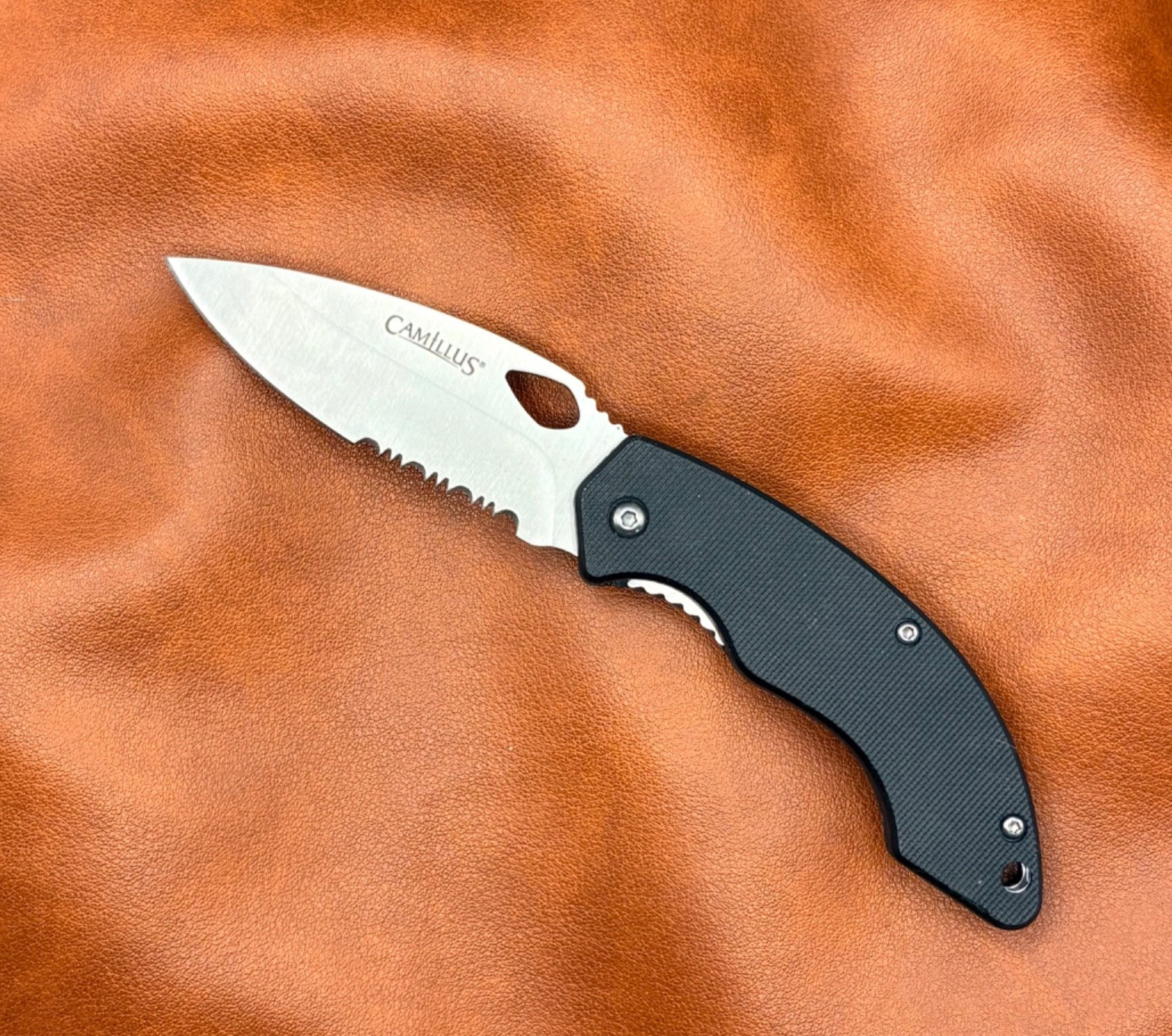 Camillus Knife Tactical Liner Lock Black Checked Handles ~Serrated Steel Blade~