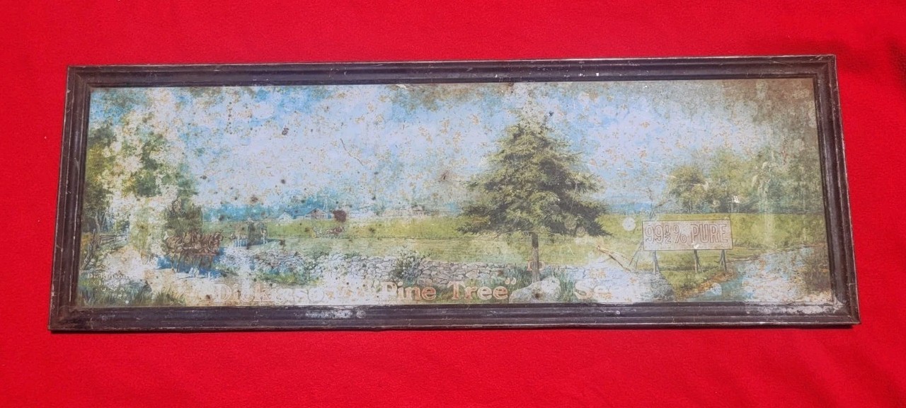 Early Tin Self-Framed Dickinson’s Pine Tree Seed Advertising Sign Vintage