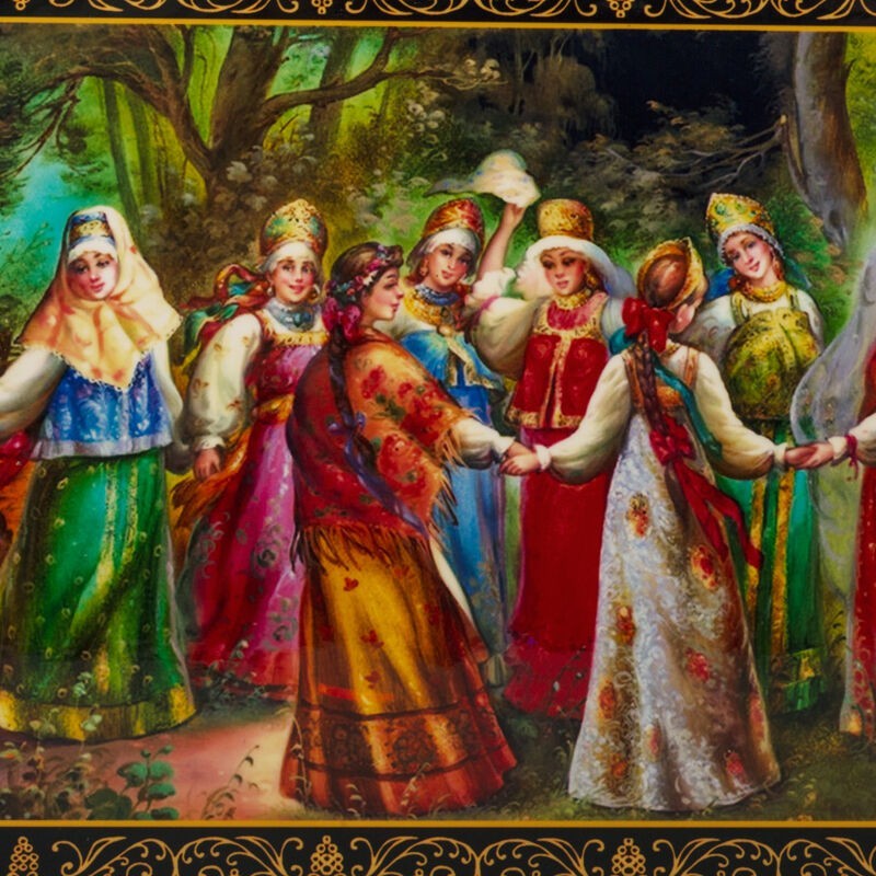 Khorovod Russian Circle Dance Lacquer Trinket Box Keepsake Jewelry Box 5″x7″