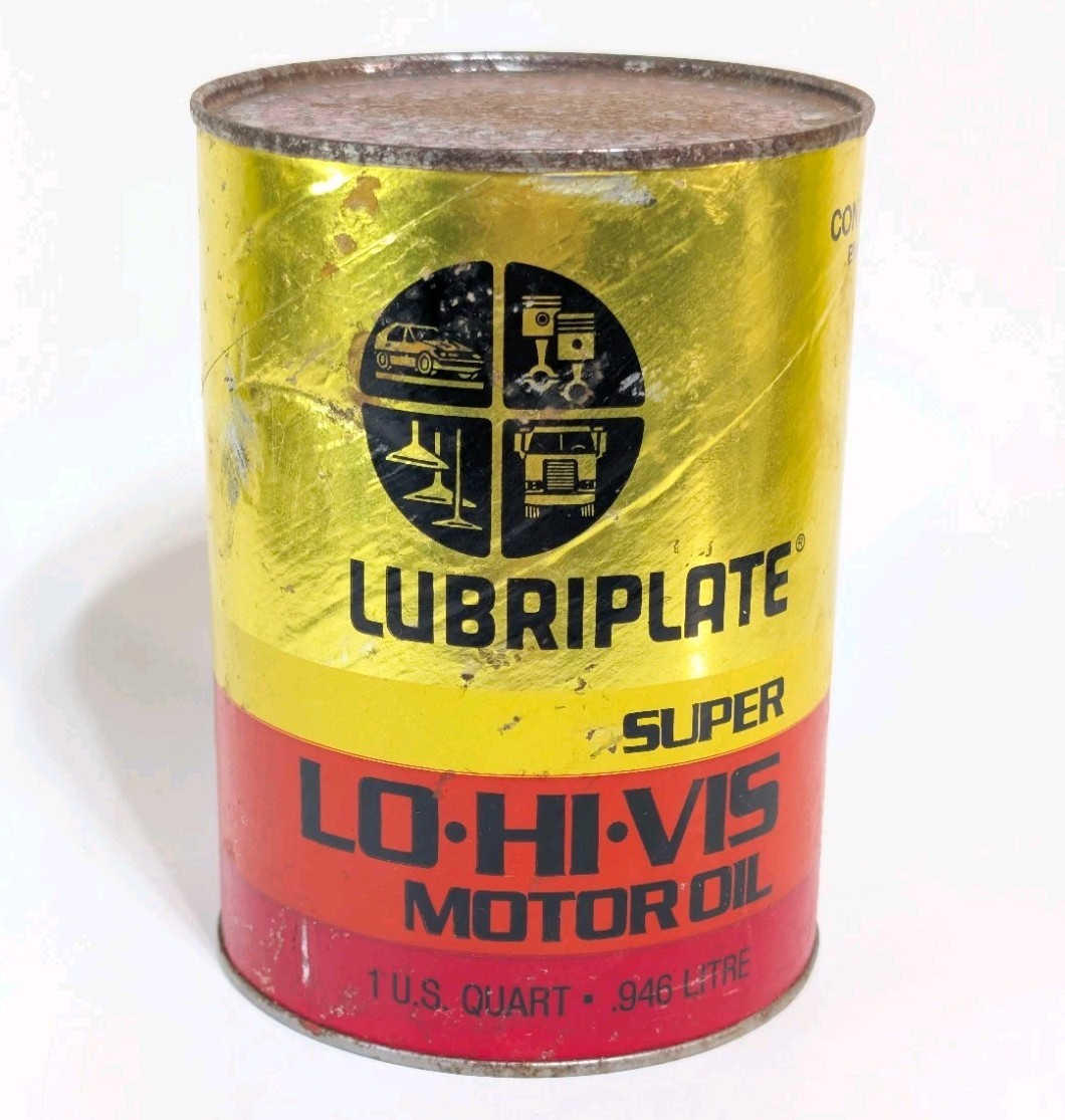 Lubriplate Super LO•HI•VIS Motor Oil 1 US Quart Metal Advertising Can Full ZINC
