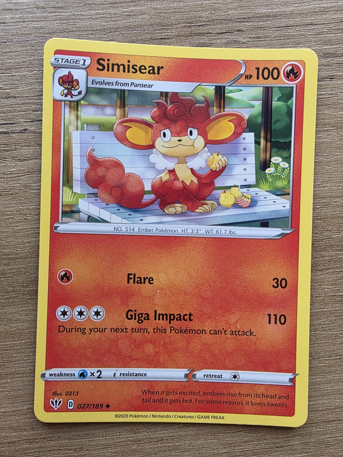 Pokémon TCG Simisear Darkness Ablaze 027/189 Regular Uncommon NM Condition