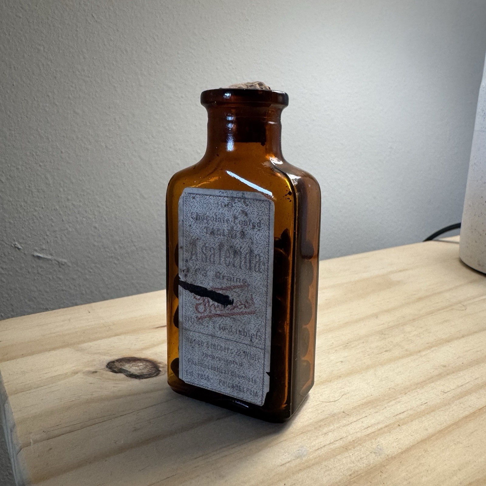 Labeled Asafetida Tablets Antique amber Medicine Bottle Original Cont