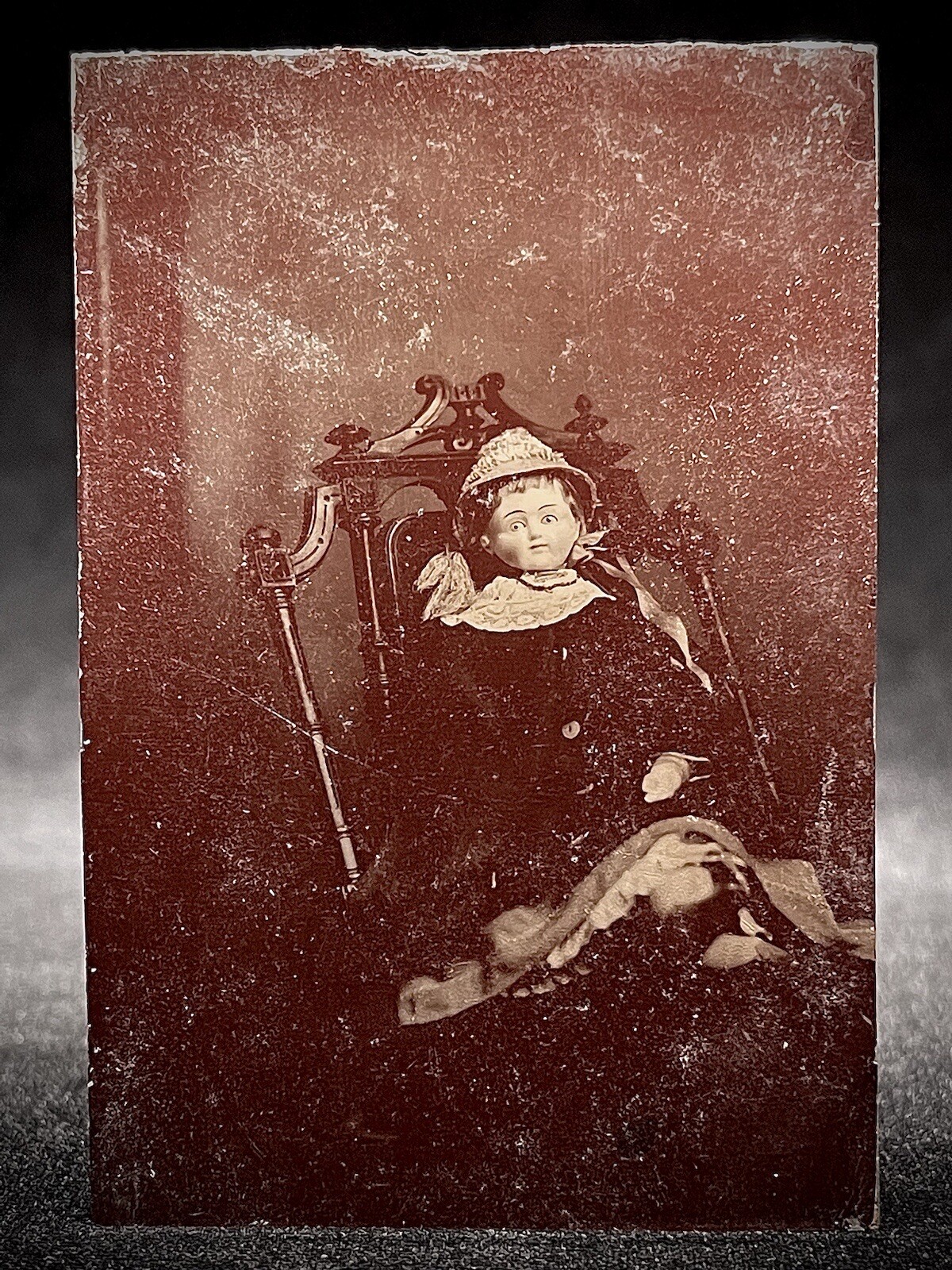 RARE 1/6 PLATE TINTYPE – STILL LIFE WAX OVER PAPIER MACHE DOLL & DOLL SIZE CHAIR